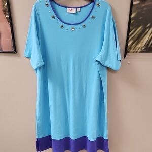 Quacker Factory Blue Embellished Short Sleeve Dress Size 2XL